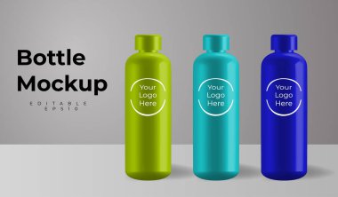 Design template of packaging mockup, realistic 3d green, light blue and dark blue empty glossy metal reusable water colorful bottle isolated on background.