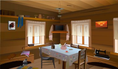 Poor russian room inside vector room interior with table, windows, tv, lamp, scene illustration.