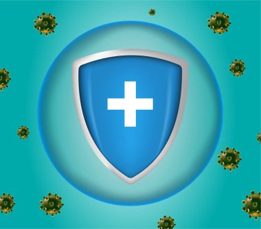 Virus protection with shield concept, Security shield for virus protection. Vector shield on blue background.