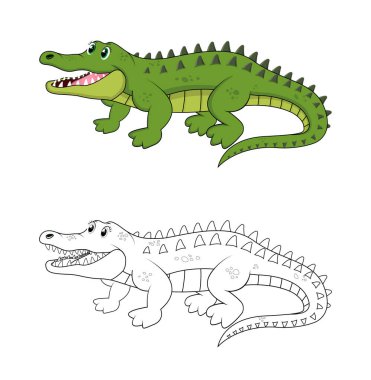 Happy cartoon alligator with line art, alligator sketch color less page isolated on white background.