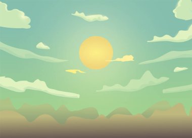 Evening cartoon sky with clouds, sun, sunlight vector background design.