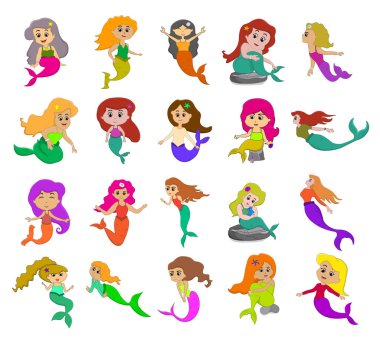 Cute little cartoon mermaid set, hand drawn vector illustration isolated on a white background.