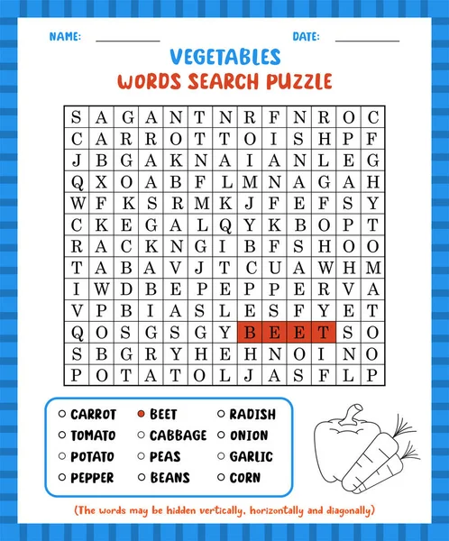 Word Search Game Vegetables Word Search Puzzle Worksheet Learning English Vektorgrafik