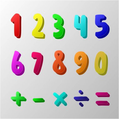 Cute cartoon style numbers, 123 colorful vector artwork with addition, subtraction, multiply, and division