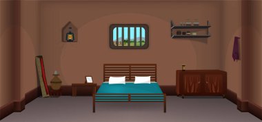 Village room inside cartoon background vector artwork poor room interior illustration.