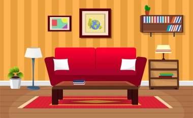 Vector cartoon living room interior with sofa, table, houseplant, lamp.