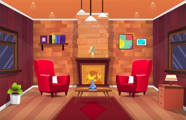 Vector illustration of beautiful warm interior, living room with fireplace. Winter cold weather cartoon background.