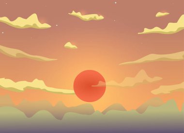 Sunset cartoon sky with clouds, sun, sunlight vector background design.