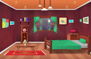 Room interior, bedroom, cartoon living room, kids bedroom with furniture. Teenage room with bed.