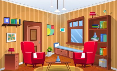 Vector kids study room interior with big windows, cupboard, sofa, armchair.