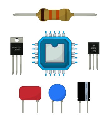 Electronics components icons set, cartoon set of resistor, ic, transistor, capacitor and voltage regulator.