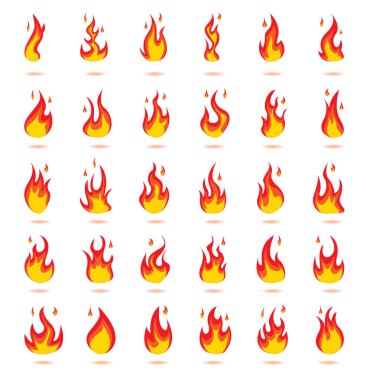 Flat style fire flame logo, black color icons vector illustration isolated on white background. 