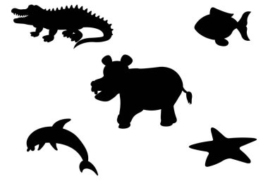 Silhouettes of alligator and sea animals on a white background vector illustration