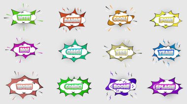 Çizgi roman sanatının metin duyguları, vektör parlak dinamik karikatür çizimleri arkaplanda izole edilmiş.