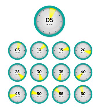Beş dakikalık boşluk vektör illüstrasyonlu çizgi film tarzı düzgün zamanlayıcı saatleri