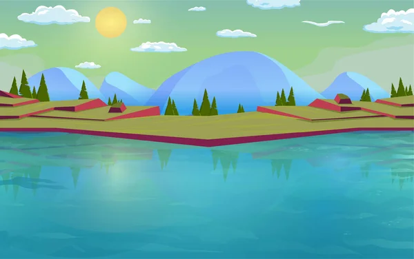 Desenhos Animados Noite Fundo Grande Lago Água Paisagem Área Com — Vetor de Stock