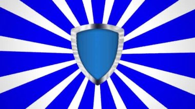 Beyaz arka planda izole edilmiş koruma rozetli mavi güneş ışınları.