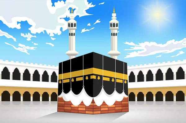 stock vector Vector illustration of mecca for hajj, al-haram mosque, kaaba in saudi arabia, on blue sky