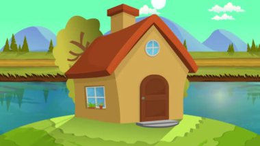 Günbegün hızlandırılmış zaman döngüsü, güneş doğar ve köy çizgi film animasyonu batar