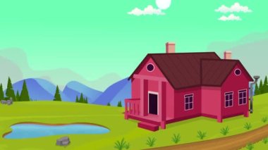 Günbegün hızlandırılmış zaman döngüsü, güneş doğar ve köy çizgi film animasyonu batar