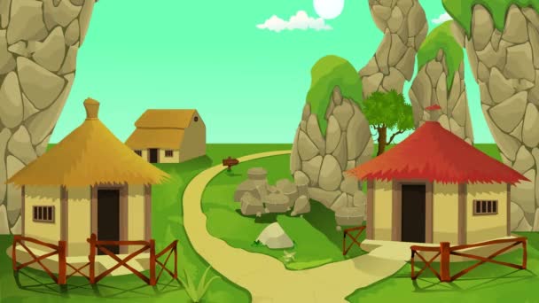 Günbegün Hızlandırılmış Zaman Döngüsü Güneş Doğar Köy Çizgi Film Animasyonu — Stok video