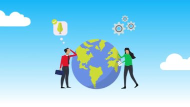 İş insanlarının animasyonu dünyayı yeşil kavram, dünya günü, küresel çevre, yeşil enerji ve dijital arayüz haline getiriyor