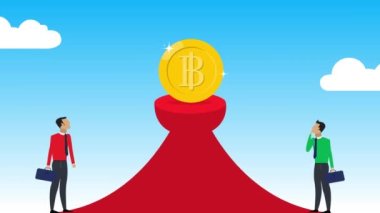 Para arayan iki iş adamının animasyonu Bitcoin, para kazanmak istiyor başarı, zenginlik, kripto para birimine yatırım