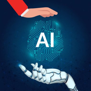 Ai elektronik beyin, yapay zekaya sahip insan ve robot el beyin, insan ve ai birbirlerine yardımcı olurlar.