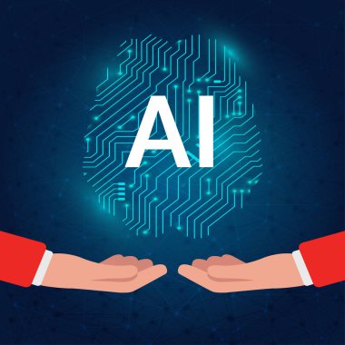 Ai elektronik beyin, yapay zekaya sahip insan eli beyin, insan ve ai birbirine yardımcı olur.