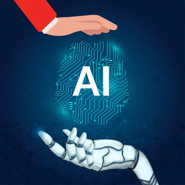 Elektronisk Hjärna Människa Och Robot Hand Med Artificiell Intelligens Hängande Stockillustration