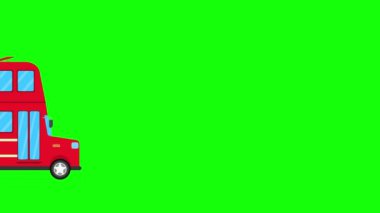 Çizgi film okul otobüsü yeşil ekranda öğrencileri okuldan alıyor, çift katlı otobüs yolculuğu, çocuklar için okul otobüsü yeşil ekranda okullara dönüş, çizgi film otobüs animasyonu.