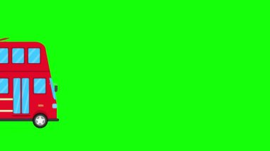 Çizgi film okul otobüsü yeşil ekranda öğrencileri okuldan alıyor, çift katlı otobüs yolculuğu, çocuklar için okul otobüsü yeşil ekranda okullara dönüş, çizgi film otobüs animasyonu.