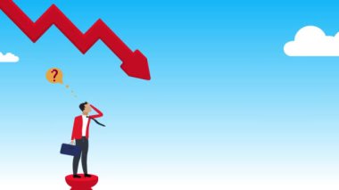 İş adamı en tepede duruyor ve düşen ok diyagramına bakıyor, ekonomik ve finansal kriz kavramını düşünün