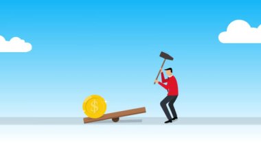 Para değerini yükseltmeye çalışan adam, dolar düşüşü ve düz vektör illüstrasyonunu düşürmeye çalışan adam.