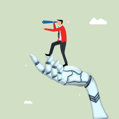 İş adamı, yapay zekaya sahip robotun elinde duruyor ve başarı, kariyer bulma, yapay zeka, iş sorunları kavramının üstesinden gelmek için fırsat kolluyor..