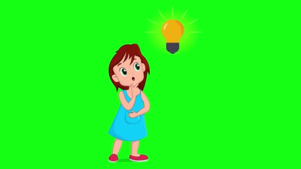 Cartoon Κορίτσι Σκέψης Λάμπα Ιδέα Εκφράσεις Προβληματισμένος Επίλυση Του Προβλήματος — Αρχείο Βίντεο