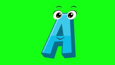 Çizgi film stili bir harf yeşil ekran arka planı olan 2D animasyon, küçük çocuklar için alfabe dansı harfleri.