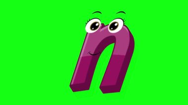 Çizgi film stili harf n 2d animasyon yeşil ekran arkaplan, n alfabe dans harfleri küçük çocuklar için