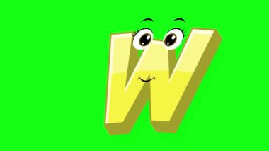 Çizgi film stili harf w 2d animasyon yeşil ekran arka planı, w alfabe dans harfleri küçük çocuklar için