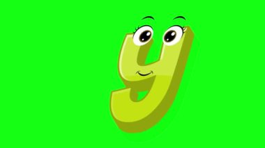 Çizgi film stili harf y 2d animasyon yeşil ekran arkaplan, y alfabe dans harfleri küçük çocuklar için