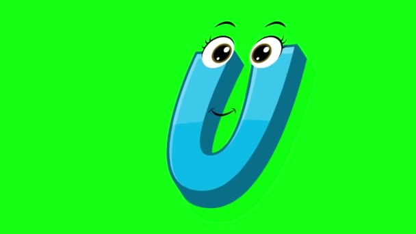 漫画スタイルの手紙 緑のスクリーンの背景を持つ2Dアニメーション 子供のための文字を踊るUアルファベット — ストック動画