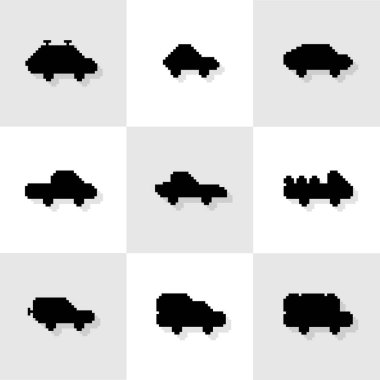 Siluet pikseli sanat, 90 'ların ruh hali, 8bit retro tarzı siluet arabalar, pikselli siyah araba oyun ikonları ya da pikselli stil vektör resimlemesindeki semboller.