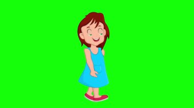 Yürüyen bir kızın 2D karakteri, küçük mutlu çocuk yeşil ekran arka plan krom anahtar üzerinde bisiklet animasyonu