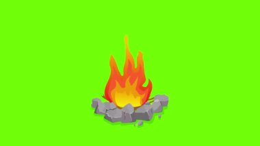 Camping bone fire clip art, woods with flames burning animation on green screen background, 4k animated video