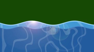 Doku ve güneş yansıması olan deniz suyu, yeşil ekran arka planında 2d grafik animasyon okyanus dalgaları kroma anahtarı