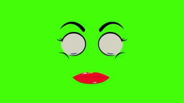Çizgi film kadın göz kırpması, mutlu, üzgün, kızgın grafikler yeşil ekran arka planında hareket animasyonu