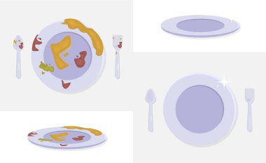 Kirli ve temiz tabaklar, kaşık ve çatal seti, çamaşır ürünü reklamları arka planda izole edilmiş vektör illüstrasyonları.