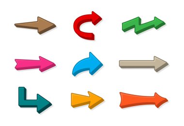 Modern biçim vektör illüstrasyonunda farklı eğri ok simgelerinin renkli ok koleksiyonu