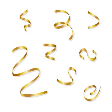 Altın kurdele seti, konfeti patlaması, uçup yayılan parlak altın kağıt kesikleri.