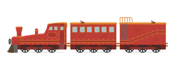 Старый старинный антикварный мультяшный поезд. Симпатичная векторная иллюстрация.